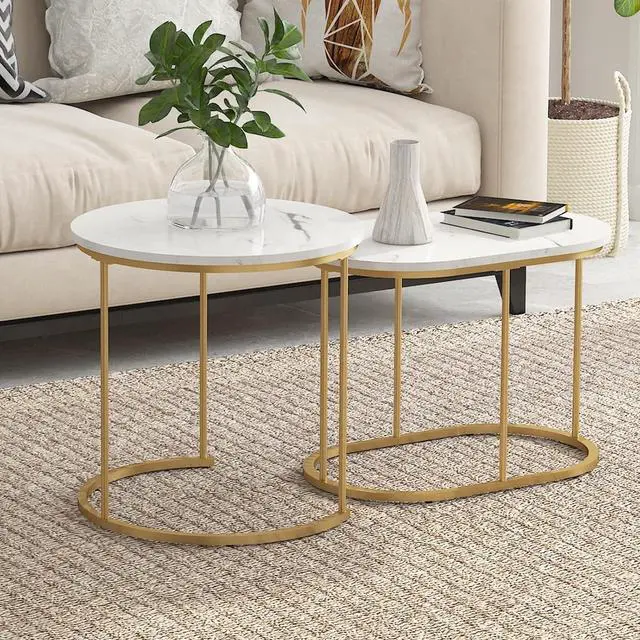 Alt view image 2 of 5 - SogesHome Golden Marble Pattern Nesting Tables - Set of 2 Stacking Side Tables for Living Room, Balcony, and Office Decor, Golden