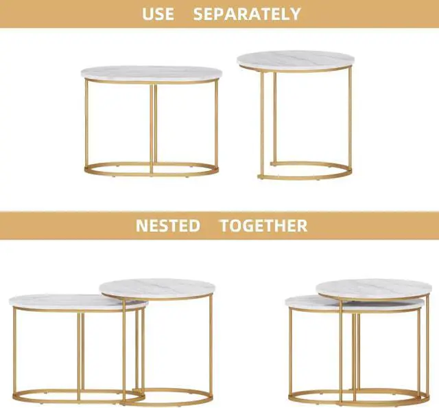 Alt view image 4 of 5 - SogesHome Golden Marble Pattern Nesting Tables - Set of 2 Stacking Side Tables for Living Room, Balcony, and Office Decor, Golden