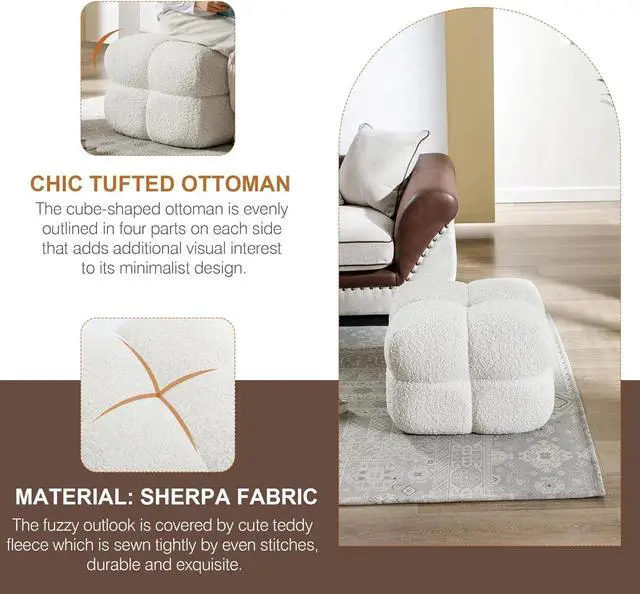Alt view image 4 of 7 - Zesthouse Square Pouf Ottoman, Modern Ottoman Coffee Table for Living Room, Fuzzy Sherpa Ottoman Foot Rest, Upholstered Tufted Ottoman Stool for Couch, White