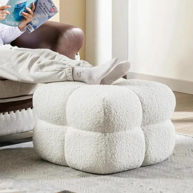 Alt view image 5 of 7 - Zesthouse Square Pouf Ottoman, Modern Ottoman Coffee Table for Living Room, Fuzzy Sherpa Ottoman Foot Rest, Upholstered Tufted Ottoman Stool for Couch, White