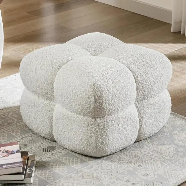 Alt view image 6 of 7 - Zesthouse Square Pouf Ottoman, Modern Ottoman Coffee Table for Living Room, Fuzzy Sherpa Ottoman Foot Rest, Upholstered Tufted Ottoman Stool for Couch, White