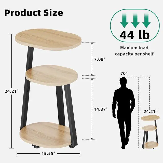 Alt view image 2 of 7 - Side Table, Small End Table with Metal Frame, 3-Tier Bedside Tables, Round Side Tables for Living Room Bedroom Couch Bathroom, Oval, Modern Oak