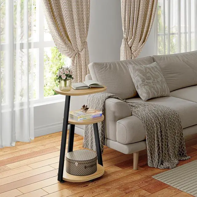 Alt view image 3 of 7 - Side Table, Small End Table with Metal Frame, 3-Tier Bedside Tables, Round Side Tables for Living Room Bedroom Couch Bathroom, Oval, Modern Oak