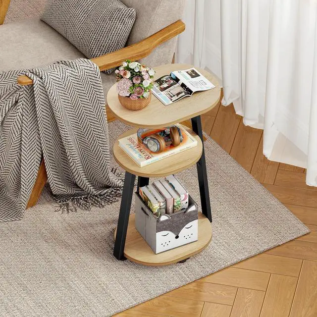 Alt view image 4 of 7 - Side Table, Small End Table with Metal Frame, 3-Tier Bedside Tables, Round Side Tables for Living Room Bedroom Couch Bathroom, Oval, Modern Oak