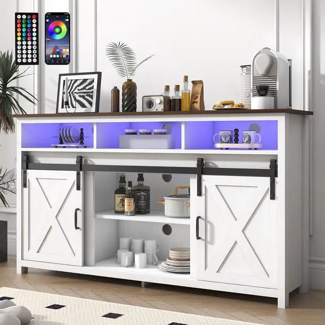 Main image of Farmhouse Coffee Bar Cabinet with Power Outlet, Rustic Sideboard Buffet Storage Cabinet with Storage, Wood Buffet Cabinet Serving Table Cupboard for Dining Room, Living Room, White