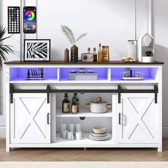 Alt view image 5 of 6 - Farmhouse Coffee Bar Cabinet with Power Outlet, Rustic Sideboard Buffet Storage Cabinet with Storage, Wood Buffet Cabinet Serving Table Cupboard for Dining Room, Living Room, White