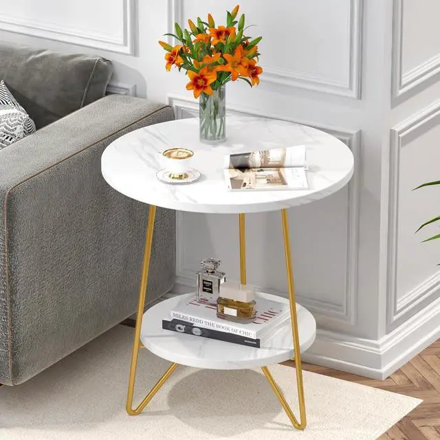 Main image of Tribesigns Faux Marble End Table, 2 Tier Round Side Table with Shelves, Modern Gold Nightstand Bedside Table Small Coffee Accent Table for Living Room Bedroom, White and Gold