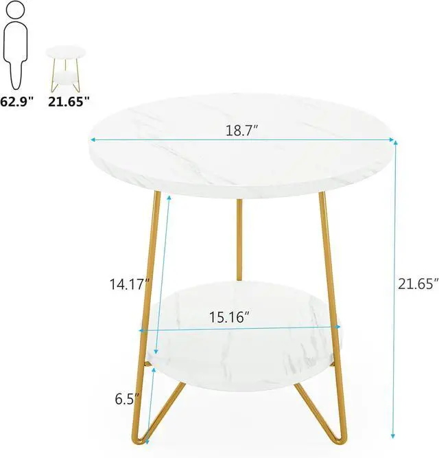 Alt view image 2 of 7 - Tribesigns Faux Marble End Table, 2 Tier Round Side Table with Shelves, Modern Gold Nightstand Bedside Table Small Coffee Accent Table for Living Room Bedroom, White and Gold