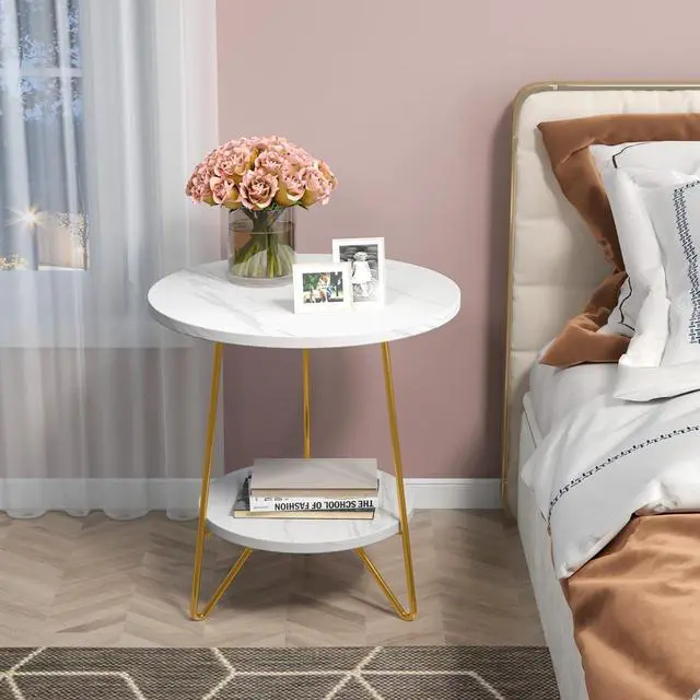 Alt view image 3 of 7 - Tribesigns Faux Marble End Table, 2 Tier Round Side Table with Shelves, Modern Gold Nightstand Bedside Table Small Coffee Accent Table for Living Room Bedroom, White and Gold