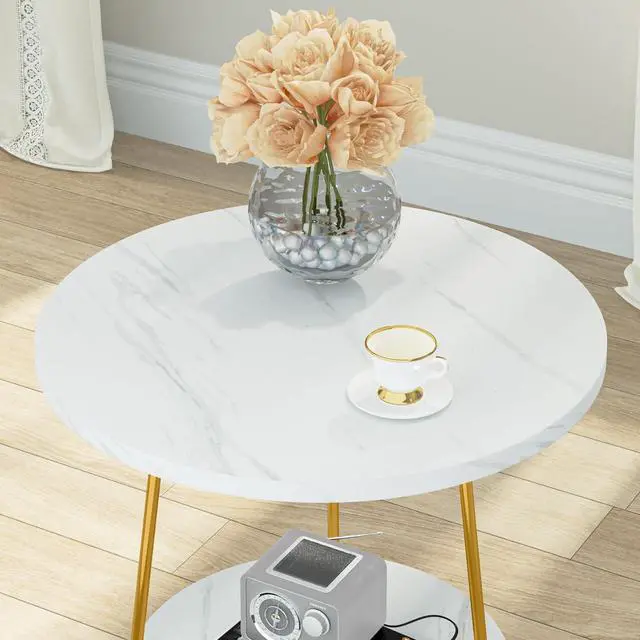 Alt view image 6 of 7 - Tribesigns Faux Marble End Table, 2 Tier Round Side Table with Shelves, Modern Gold Nightstand Bedside Table Small Coffee Accent Table for Living Room Bedroom, White and Gold