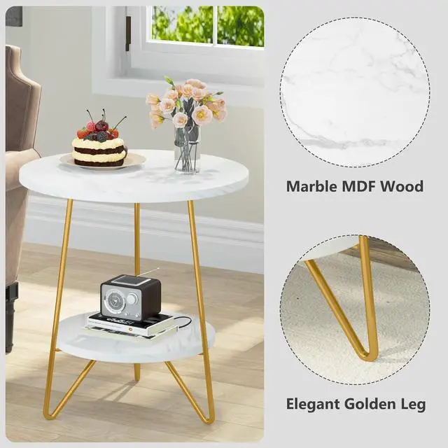 Alt view image 7 of 7 - Tribesigns Faux Marble End Table, 2 Tier Round Side Table with Shelves, Modern Gold Nightstand Bedside Table Small Coffee Accent Table for Living Room Bedroom, White and Gold