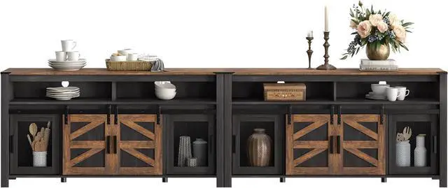 Main image of WAMPAT Set of 2 Farmhouse Buffet Cabinets, Rustic Sideboard with Sliding Barn Doors, 118" Coffee Bar Storage Cabinet with Mesh Doors, Antique Black&Brown Cupboard Table for Kitchen, Dining Room