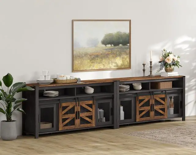 Alt view image 2 of 7 - WAMPAT Set of 2 Farmhouse Buffet Cabinets, Rustic Sideboard with Sliding Barn Doors, 118" Coffee Bar Storage Cabinet with Mesh Doors, Antique Black&Brown Cupboard Table for Kitchen, Dining Room