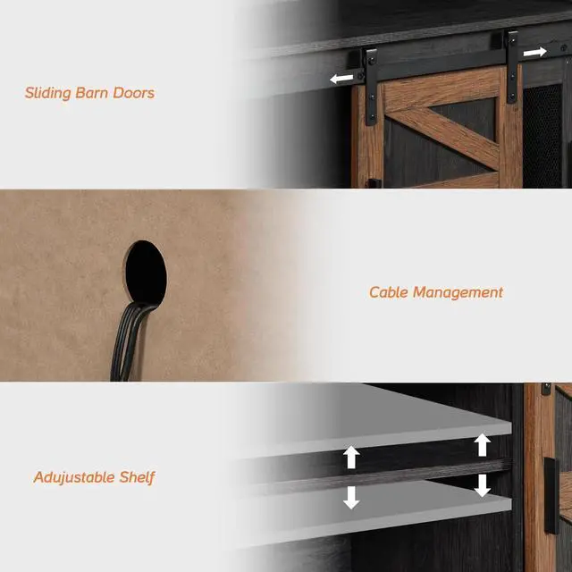 Alt view image 4 of 7 - WAMPAT Set of 2 Farmhouse Buffet Cabinets, Rustic Sideboard with Sliding Barn Doors, 118" Coffee Bar Storage Cabinet with Mesh Doors, Antique Black&Brown Cupboard Table for Kitchen, Dining Room