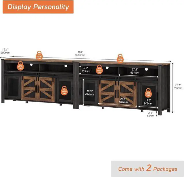 Alt view image 3 of 7 - WAMPAT Set of 2 Farmhouse Buffet Cabinets, Rustic Sideboard with Sliding Barn Doors, 118" Coffee Bar Storage Cabinet with Mesh Doors, Antique Black&Brown Cupboard Table for Kitchen, Dining Room