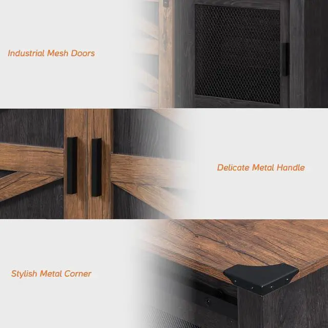 Alt view image 5 of 7 - WAMPAT Set of 2 Farmhouse Buffet Cabinets, Rustic Sideboard with Sliding Barn Doors, 118" Coffee Bar Storage Cabinet with Mesh Doors, Antique Black&Brown Cupboard Table for Kitchen, Dining Room