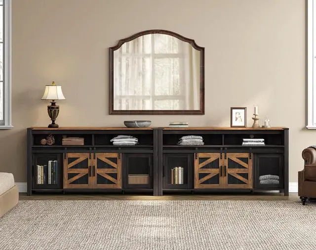 Alt view image 6 of 7 - WAMPAT Set of 2 Farmhouse Buffet Cabinets, Rustic Sideboard with Sliding Barn Doors, 118" Coffee Bar Storage Cabinet with Mesh Doors, Antique Black&Brown Cupboard Table for Kitchen, Dining Room