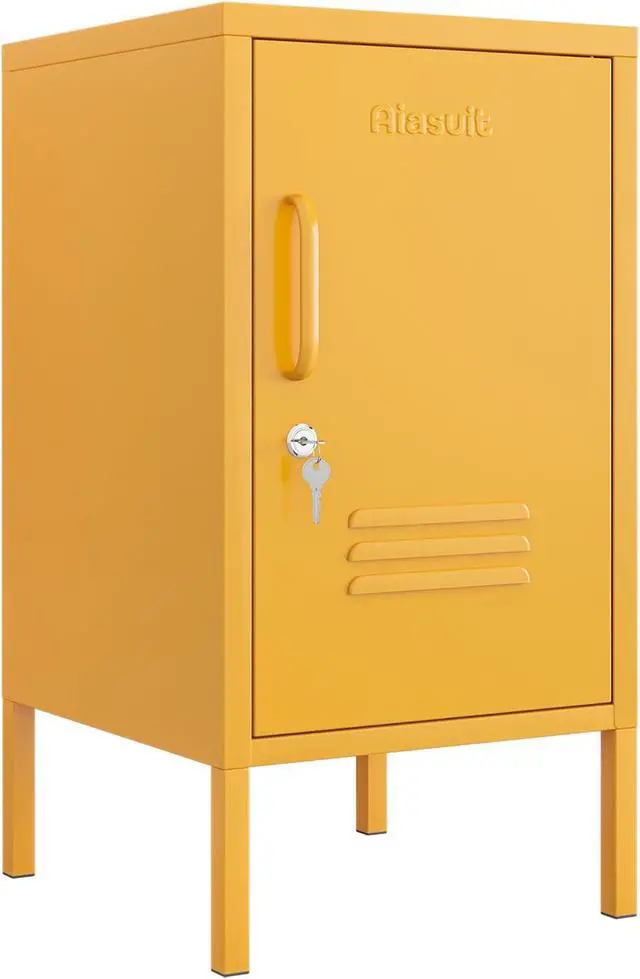 Main image of Single Door Lockable Metal End Table Modern Storage Cabinet Minimalist Room Side Table Adjustable Height Cold Rolled Steel Frame Multifunctional Home Table Yellow Size: 27.55H x 13.78W x 14.96D