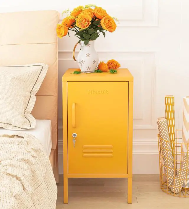 Alt view image 2 of 6 - Single Door Lockable Metal End Table Modern Storage Cabinet Minimalist Room Side Table Adjustable Height Cold Rolled Steel Frame Multifunctional Home Table Yellow Size: 27.55H x 13.78W x 14.96D
