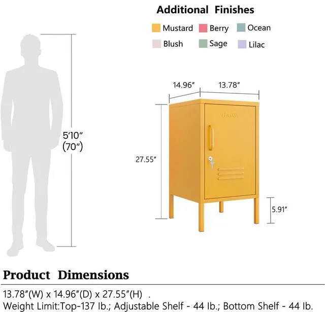 Alt view image 3 of 6 - Single Door Lockable Metal End Table Modern Storage Cabinet Minimalist Room Side Table Adjustable Height Cold Rolled Steel Frame Multifunctional Home Table Yellow Size: 27.55H x 13.78W x 14.96D