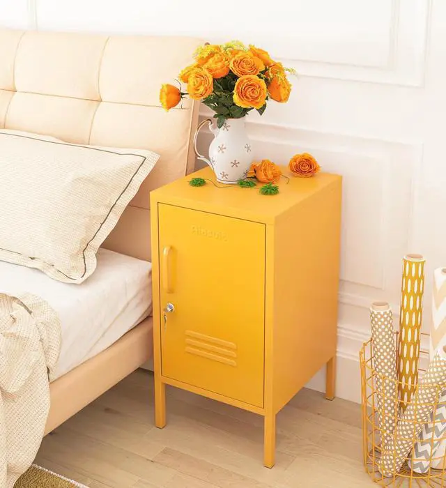 Alt view image 4 of 6 - Single Door Lockable Metal End Table Modern Storage Cabinet Minimalist Room Side Table Adjustable Height Cold Rolled Steel Frame Multifunctional Home Table Yellow Size: 27.55H x 13.78W x 14.96D