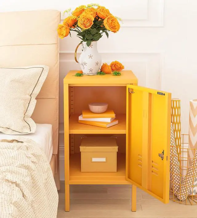 Alt view image 5 of 6 - Single Door Lockable Metal End Table Modern Storage Cabinet Minimalist Room Side Table Adjustable Height Cold Rolled Steel Frame Multifunctional Home Table Yellow Size: 27.55H x 13.78W x 14.96D