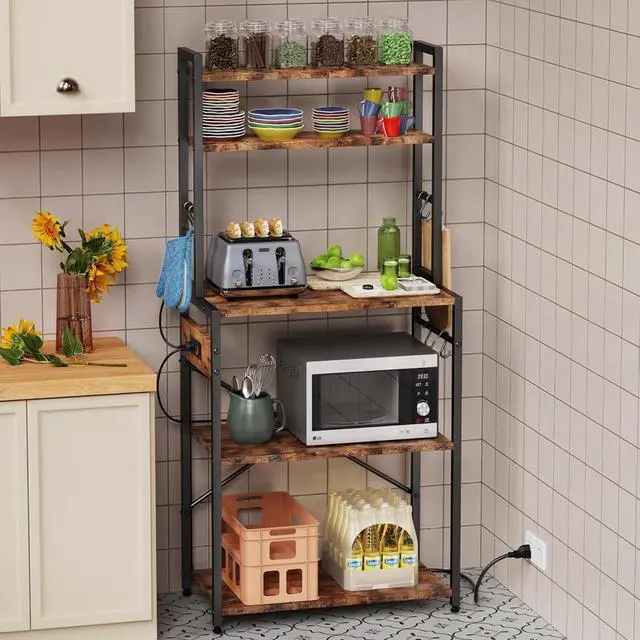 Main image of Kitchen Bakers Rack with Power Outlet, 5 Tiers Coffee Bar Table, Kitchen Microwave Stand with 6 S-shaped Hooks, Kitchen Storage Shelf Rack for Spices, Pots, Rustic Brown