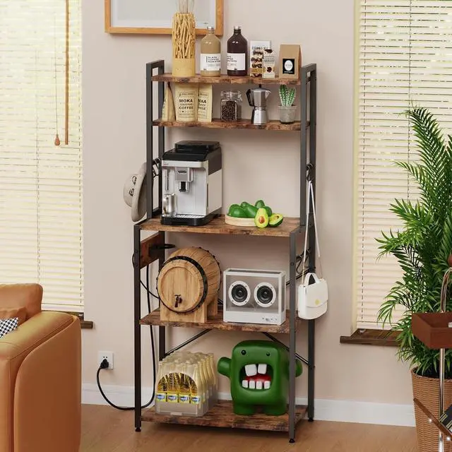 Alt view image 2 of 7 - Kitchen Bakers Rack with Power Outlet, 5 Tiers Coffee Bar Table, Kitchen Microwave Stand with 6 S-shaped Hooks, Kitchen Storage Shelf Rack for Spices, Pots, Rustic Brown
