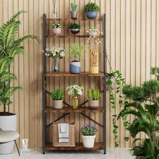 Alt view image 3 of 7 - Kitchen Bakers Rack with Power Outlet, 5 Tiers Coffee Bar Table, Kitchen Microwave Stand with 6 S-shaped Hooks, Kitchen Storage Shelf Rack for Spices, Pots, Rustic Brown