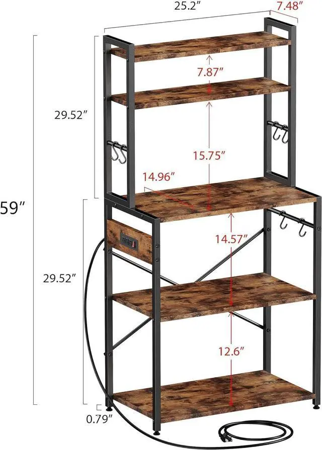 Alt view image 6 of 7 - Kitchen Bakers Rack with Power Outlet, 5 Tiers Coffee Bar Table, Kitchen Microwave Stand with 6 S-shaped Hooks, Kitchen Storage Shelf Rack for Spices, Pots, Rustic Brown