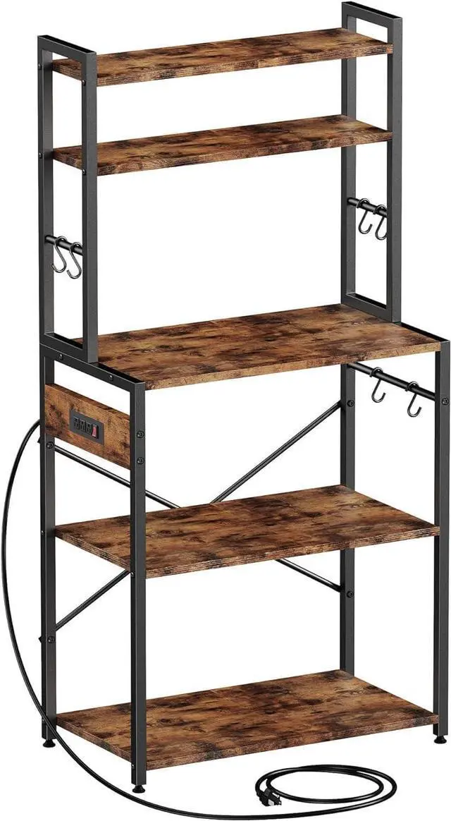 Alt view image 7 of 7 - Kitchen Bakers Rack with Power Outlet, 5 Tiers Coffee Bar Table, Kitchen Microwave Stand with 6 S-shaped Hooks, Kitchen Storage Shelf Rack for Spices, Pots, Rustic Brown