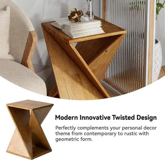 Alt view image 4 of 7 - Farmhouse End Table Square Solid Wood Pedestal Side Table Rustic Plant Stand with Twisted Design for Living Room, Bedroom, Office, Natural Wood