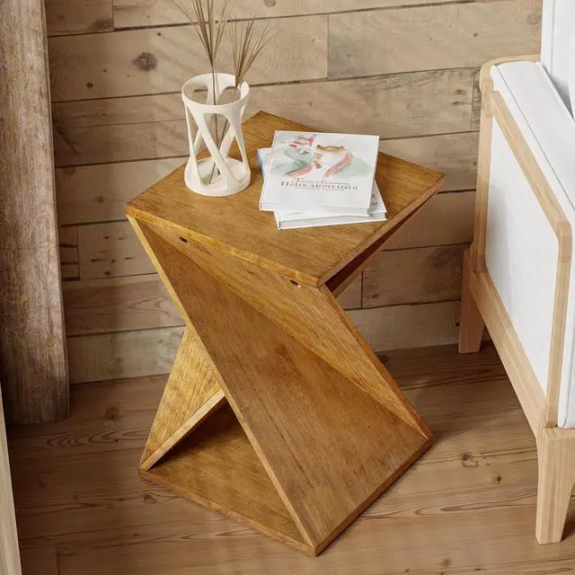 Alt view image 6 of 7 - Farmhouse End Table Square Solid Wood Pedestal Side Table Rustic Plant Stand with Twisted Design for Living Room, Bedroom, Office, Natural Wood