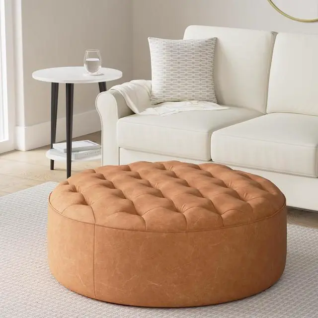 Alt view image 2 of 7 - POLY & BARK Ascot Ottoman in Full-Grain Pure-Aniline Italian Tanned Leather in Cognac Tan