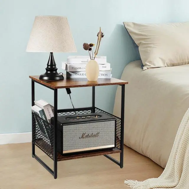 Alt view image 6 of 6 - Square Side Table, 2 Tier End Table, Couch Side Table with Storage, Great for Printer Stand, Mini Fridge Stand, Aquarium Stand, Coffee Stand, Ideal for Living Room, Bedroom, Office (Brown)