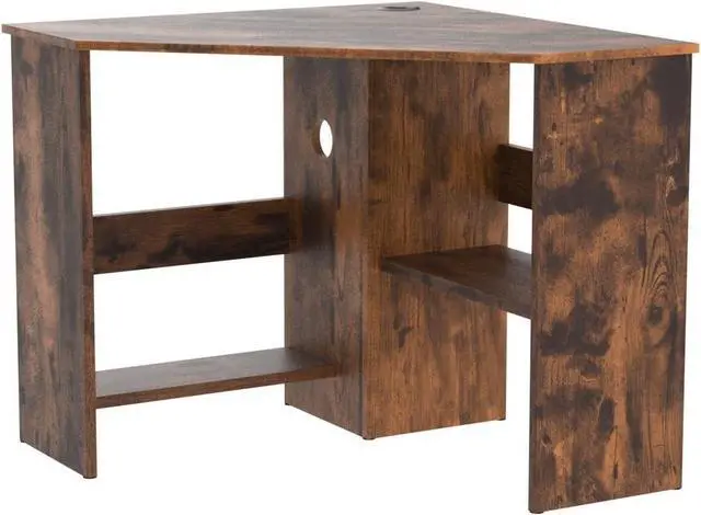 Alt view image 5 of 7 - COSTWAY Corner Computer Desk, Space-Saving Triangular Writing Desk w/ 2 Storage Shelves & 2 Cable Holes, Multi-Functional Console Table for Small Space in Home Office, Living Room, Bedroom (Coffee)