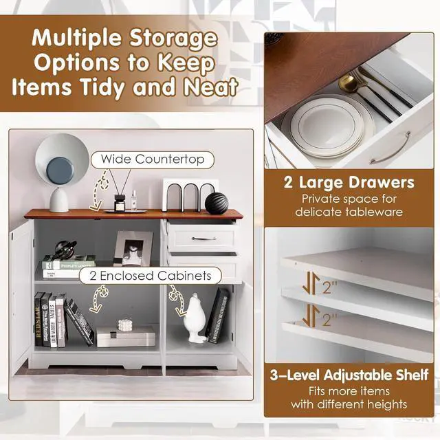 Alt view image 4 of 7 - PETSITE Buffet Cabinet, Kitchen Sideboard with Storage Cabinets & Drawers, Adjustable Shelf, Modern Credenza Coffee Bar Server Console Table Cupboard for Entryway Living Dining Room