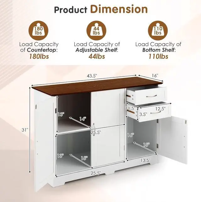 Alt view image 3 of 7 - PETSITE Buffet Cabinet, Kitchen Sideboard with Storage Cabinets & Drawers, Adjustable Shelf, Modern Credenza Coffee Bar Server Console Table Cupboard for Entryway Living Dining Room