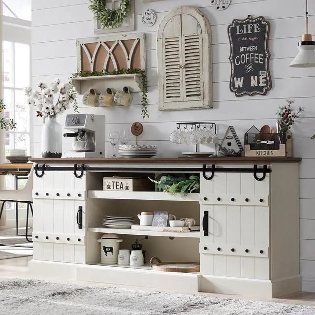 Main image of OKD 75" Sideboard Buffet Cabinet with Storage, Farmhouse TV Stand w/Sliding Barn Door, Rustic Long Coffee Bar, Large Buffet Table for Dining Room, Kitchen and Living Room, Antique White