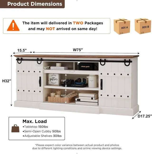 Alt view image 2 of 6 - OKD 75" Sideboard Buffet Cabinet with Storage, Farmhouse TV Stand w/Sliding Barn Door, Rustic Long Coffee Bar, Large Buffet Table for Dining Room, Kitchen and Living Room, Antique White