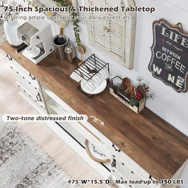 Alt view image 3 of 6 - OKD 75" Sideboard Buffet Cabinet with Storage, Farmhouse TV Stand w/Sliding Barn Door, Rustic Long Coffee Bar, Large Buffet Table for Dining Room, Kitchen and Living Room, Antique White