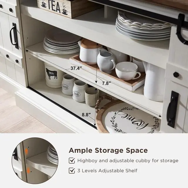 Alt view image 4 of 6 - OKD 75" Sideboard Buffet Cabinet with Storage, Farmhouse TV Stand w/Sliding Barn Door, Rustic Long Coffee Bar, Large Buffet Table for Dining Room, Kitchen and Living Room, Antique White