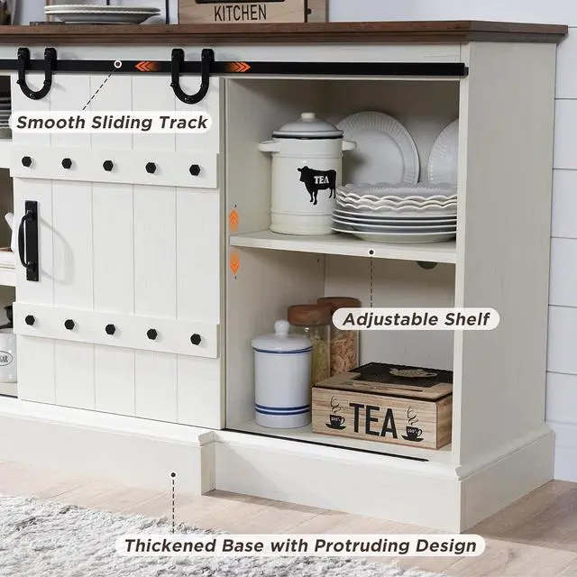 Alt view image 5 of 6 - OKD 75" Sideboard Buffet Cabinet with Storage, Farmhouse TV Stand w/Sliding Barn Door, Rustic Long Coffee Bar, Large Buffet Table for Dining Room, Kitchen and Living Room, Antique White