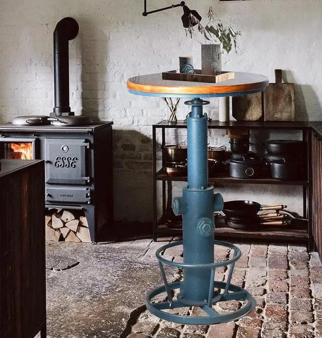 Main image of LOKKHAN Industrial Bar Table 38.6"-48.4" Height Adjustable Swivel Round Wood Tabletop 23.7" Dia, Kitchen Dining Office Coffee Bistro Pub Table (Aged Blue)