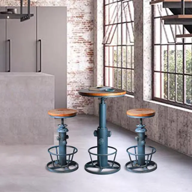 Alt view image 3 of 7 - LOKKHAN Industrial Bar Table 38.6"-48.4" Height Adjustable Swivel Round Wood Tabletop 23.7" Dia, Kitchen Dining Office Coffee Bistro Pub Table (Aged Blue)
