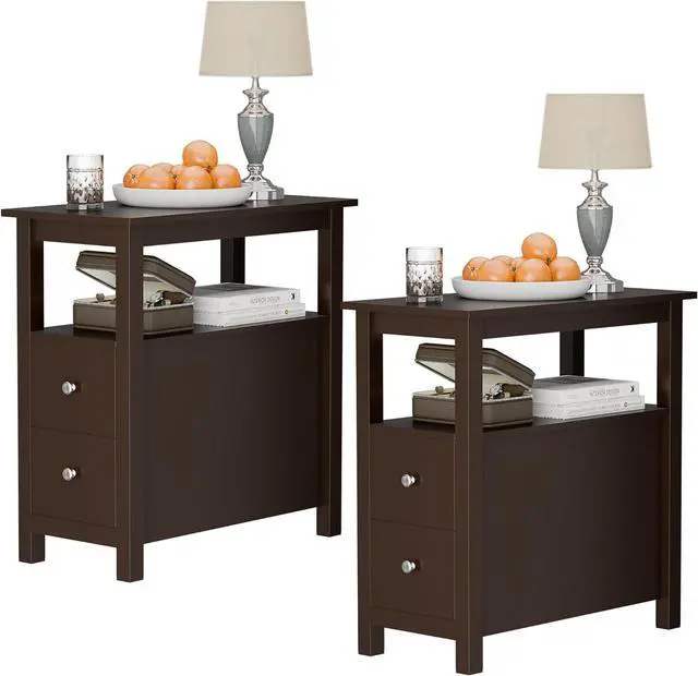 Main image of ZENY Narrow End Table Set of 2 Side Table with Drawer and Open Shelf Sofa Table for Living Room Bedroom, Small Table for Bedside, Couch, Espresso