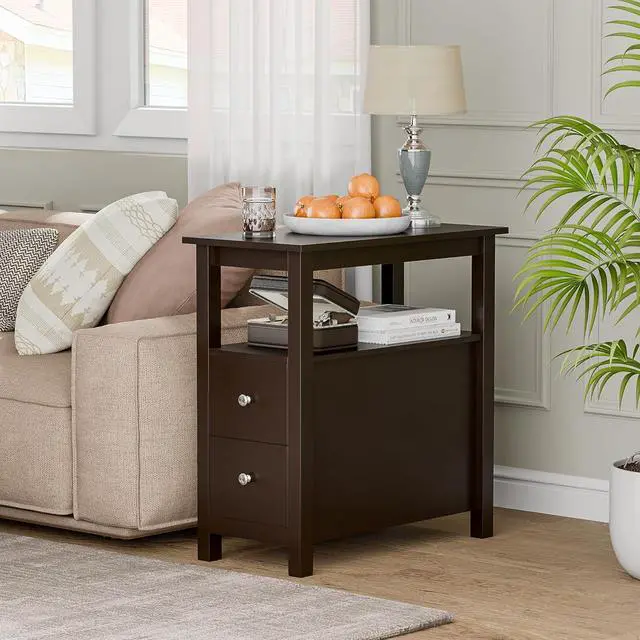 Alt view image 2 of 7 - ZENY Narrow End Table Set of 2 Side Table with Drawer and Open Shelf Sofa Table for Living Room Bedroom, Small Table for Bedside, Couch, Espresso