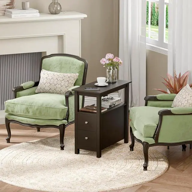 Alt view image 5 of 7 - ZENY Narrow End Table Set of 2 Side Table with Drawer and Open Shelf Sofa Table for Living Room Bedroom, Small Table for Bedside, Couch, Espresso