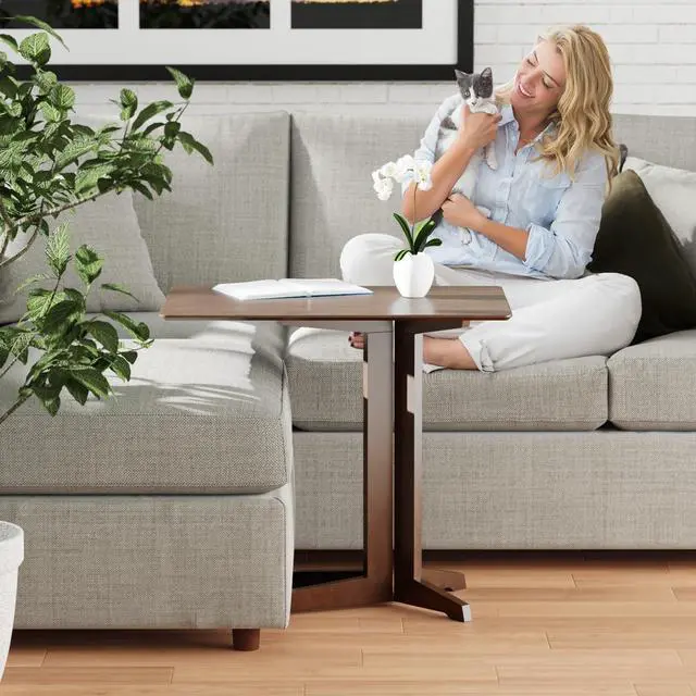 Alt view image 2 of 7 - Premium Bamboo Rolling Side Table with Wheels - C Table End Table - Sofa Side Table Slide Under - Boho Coffee Accent Table, Laptop Table - C Shaped End Table - Couch Table - Rolling Tv Tray