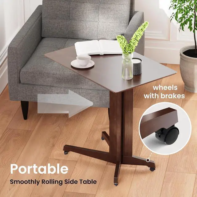 Alt view image 4 of 7 - Premium Bamboo Rolling Side Table with Wheels - C Table End Table - Sofa Side Table Slide Under - Boho Coffee Accent Table, Laptop Table - C Shaped End Table - Couch Table - Rolling Tv Tray